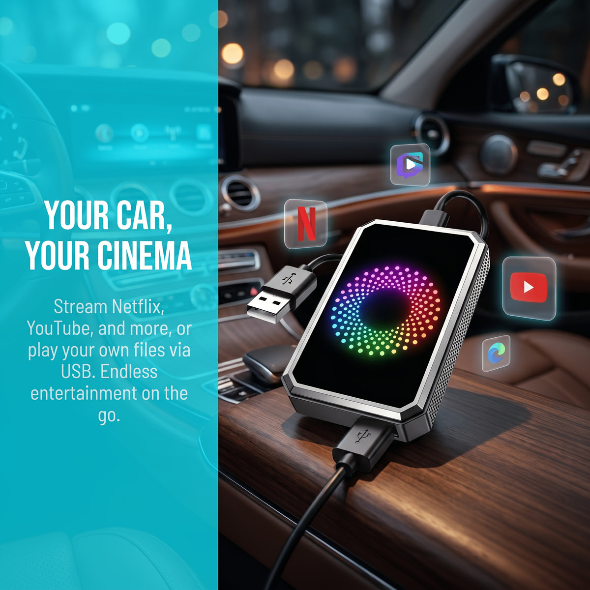 CarPlay Media Box in Black with Listed Wireless CarPlay Adapter, USB Port and Streaming Support for Compatible Factory Wired CarPlay and Android Auto Systems