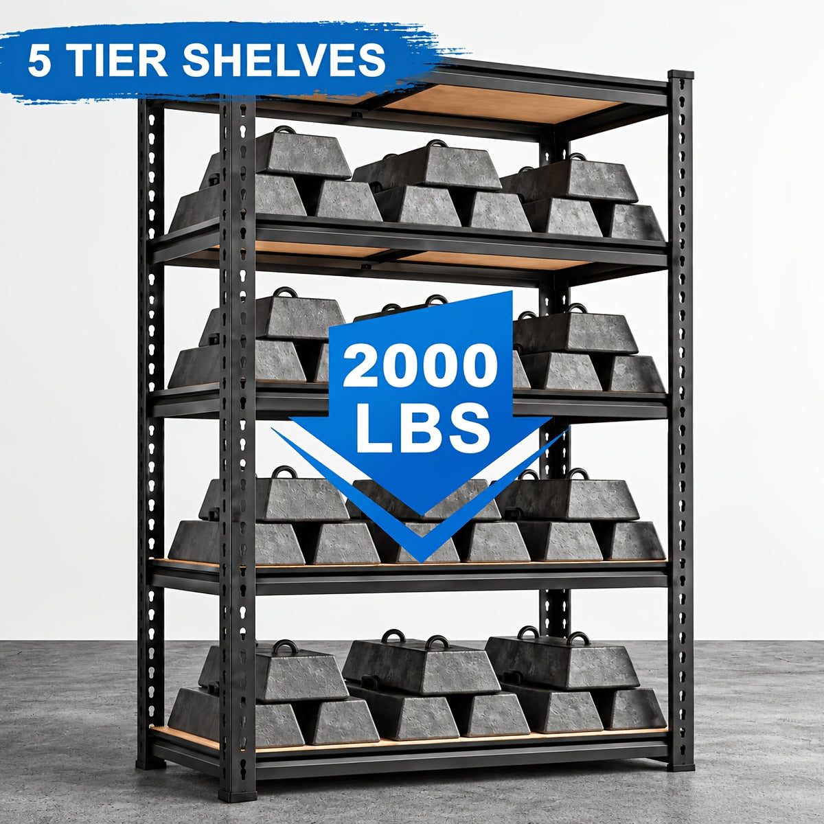Garage Shelving Rack with Listed 72-Inch Height and Five Adjustable Metal Tiers for Household Supply Storage, Pantry Organization, Craft Rooms and Basements