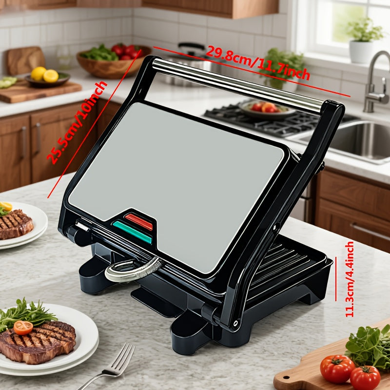 Double-Sided Electric Grill with Black Square Design and Listed Upper and Lower Heating, Panini and Sandwich Cooking Wording for Everyday Home Kitchen Meal Preparation