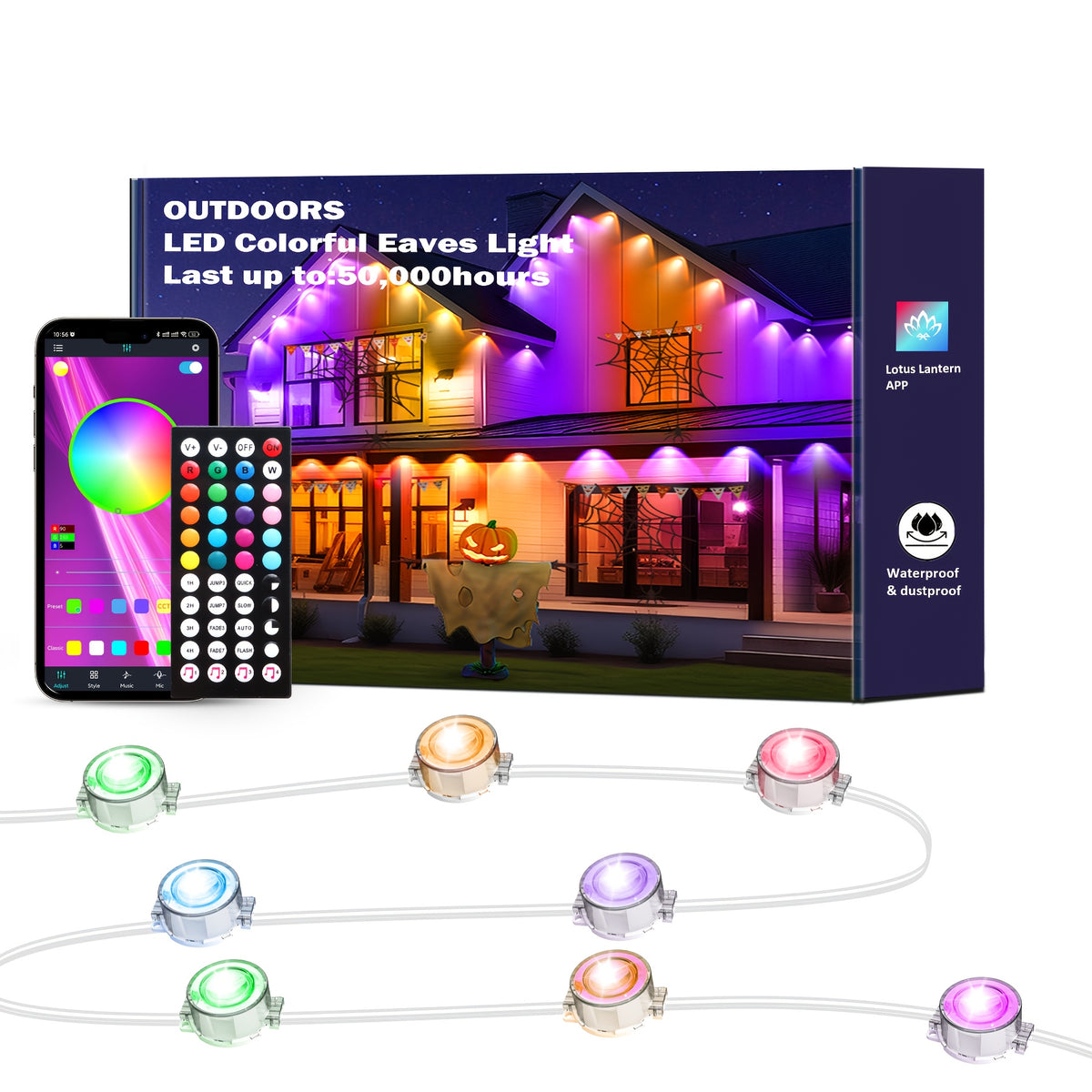 RGB Multicolor Eaves Lights with App and Remote Control, Music Sync, Timer and Dimming, 49ft, 100ft or 200ft for Outdoor Holiday House Decor