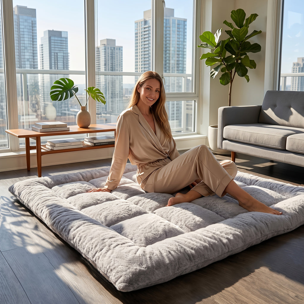 Floor Mattress in Grey with Foldable Tatami-Style Design, Twin, Queen or King Options and Listed Soft Fluffy Feel for Bedroom Lounging and Dorm Room Setups