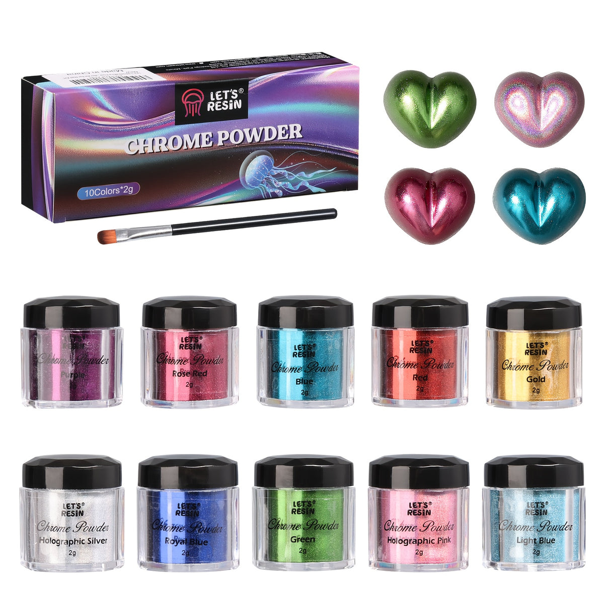 Chrome Pigment Powder Set with Ten Listed Colors, Eight Metallic and Two Holographic Jars at 2g Each for Compatible Epoxy Resin Art, Tumbler Decoration and Painting