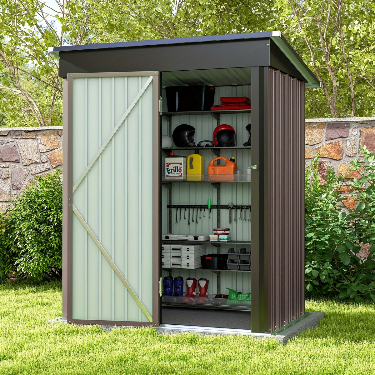 Outdoor Metal Tool Shed in Listed 5 x 3 FT Size, Garden Storage Building with Single Lockable Door and Sloping Roof, Brown, Grey or White Model Options