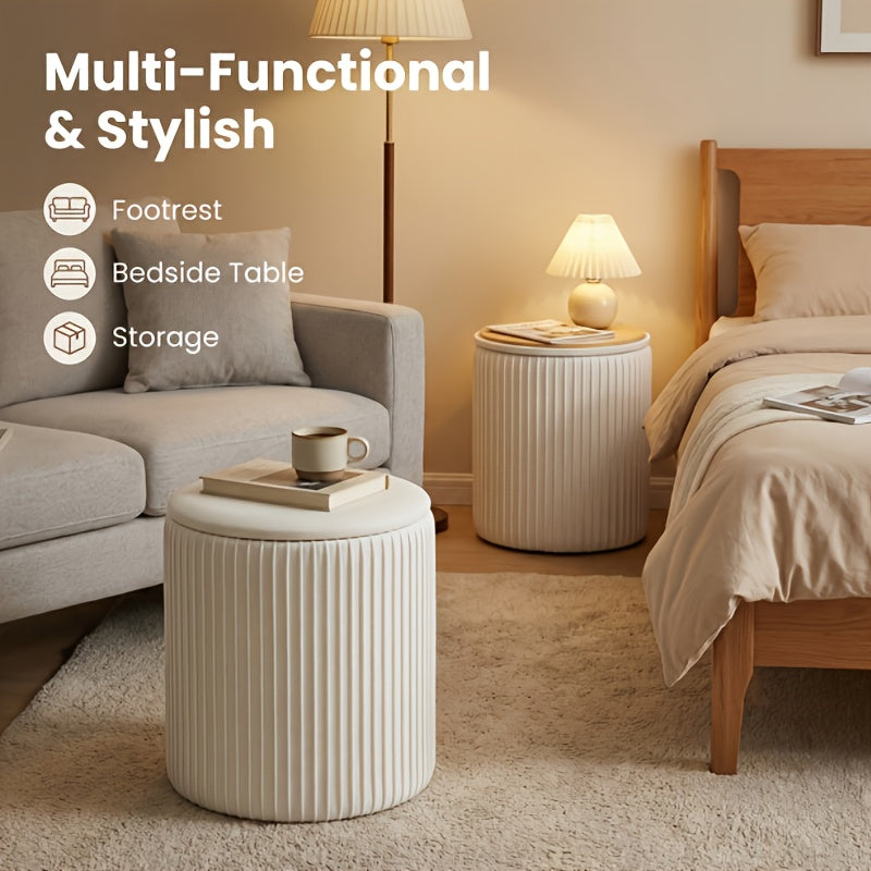 Round Storage Ottomans Set of Two with Lids and Upholstered Styling, Hidden Storage Furniture in Black, Grey or Beige for Living Room and Vanity Area Organization
