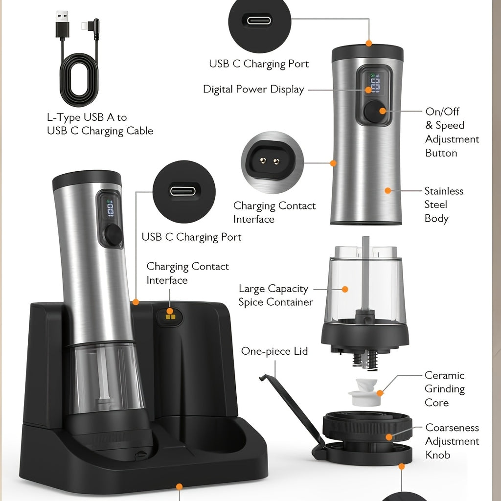 Rechargeable Salt and Pepper Grinder with Adjustable Coarseness and LED Display, 3-in-1 Silvery Black or 6.76oz Double Barrel Options for Kitchen Seasoning