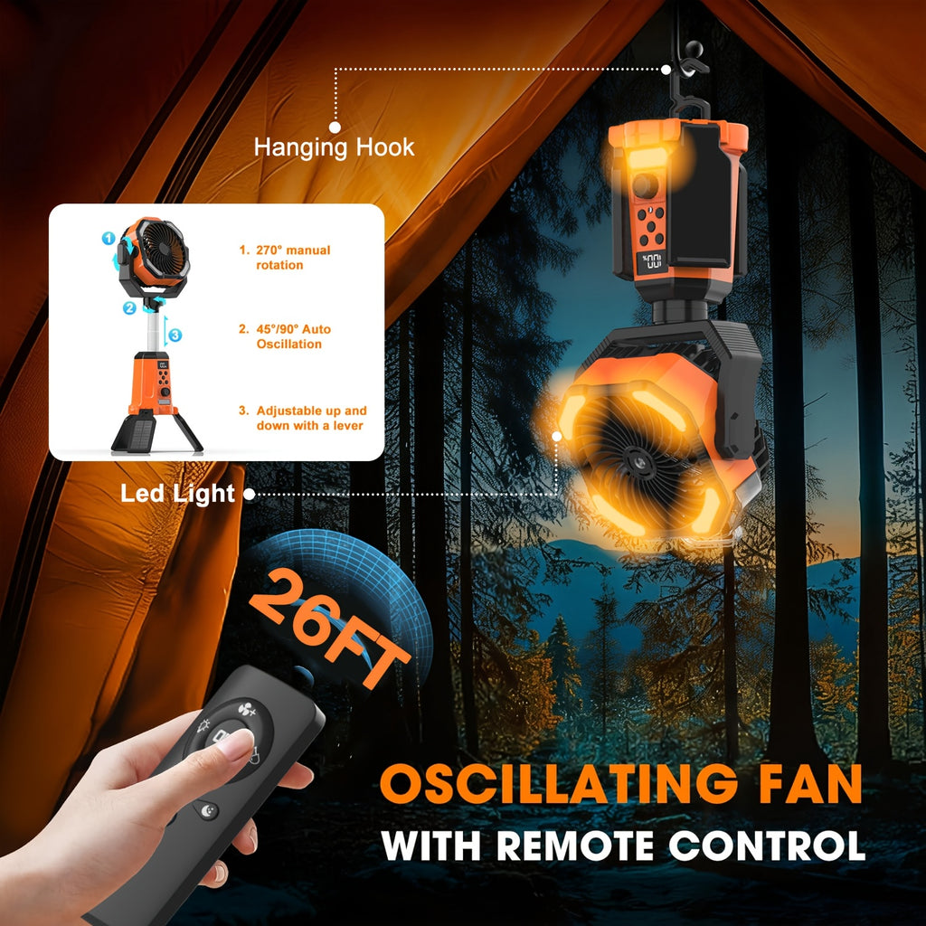 Portable Tent Fan F30P with Listed 20000mAh Rechargeable Battery, LED Light, Hook, 8-Blade Design and 270° Rotation for Camping in Black or Orange