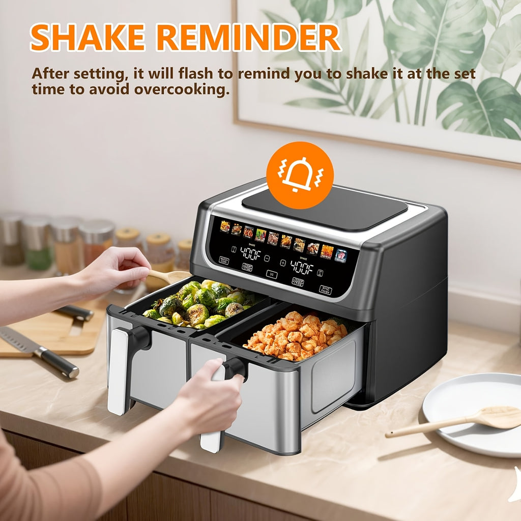 Dual Basket Air Fryer with Listed 9.5 Quart Capacity, Independent Temperature Control, Sync Mode, 10 Presets and Shake Reminder in Black or Gray