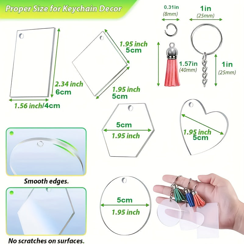 Acrylic Keychain Blanks Kit with Five Clear Shapes, Listed 200 Total Pieces Including Tassel Charms, Key Chains and Jump Rings for Personalized Vinyl Crafts and Gifts