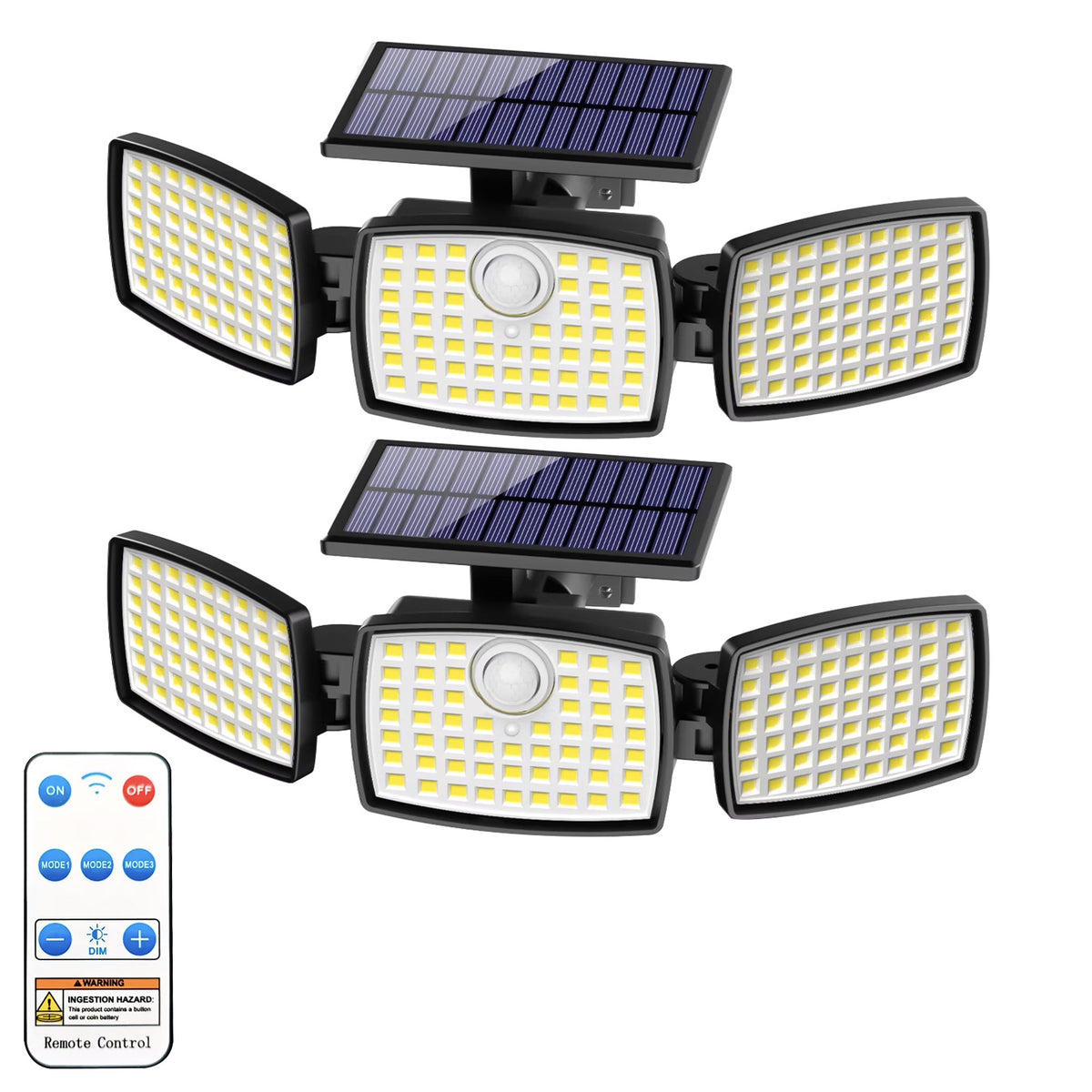 179-LED Solar Motion Sensor Lights with Three Adjustable Heads, Remote Control and Three Modes, Listed 2500 Lm Output in 2- or 4-Pack Options for Yard and Patio