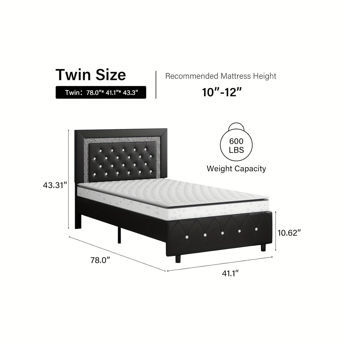 Diamond Tufted Upholstered Bed Frame in Black Faux Leather with Headboard, Footboard and Wooden Slat Support, Twin, Full, Queen and King Options