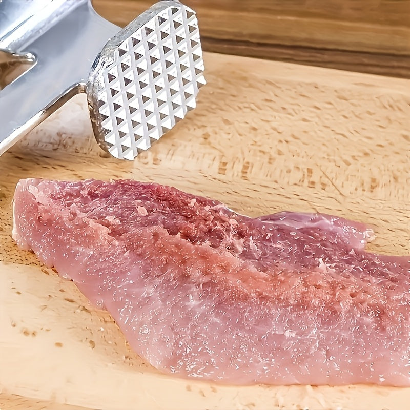 Double-Sided Meat Hammer with Listed Food Cover, Silvery Stainless Steel Manual Kitchen Mallet for Recipe-Guided Beef, Chicken and Pork Preparation