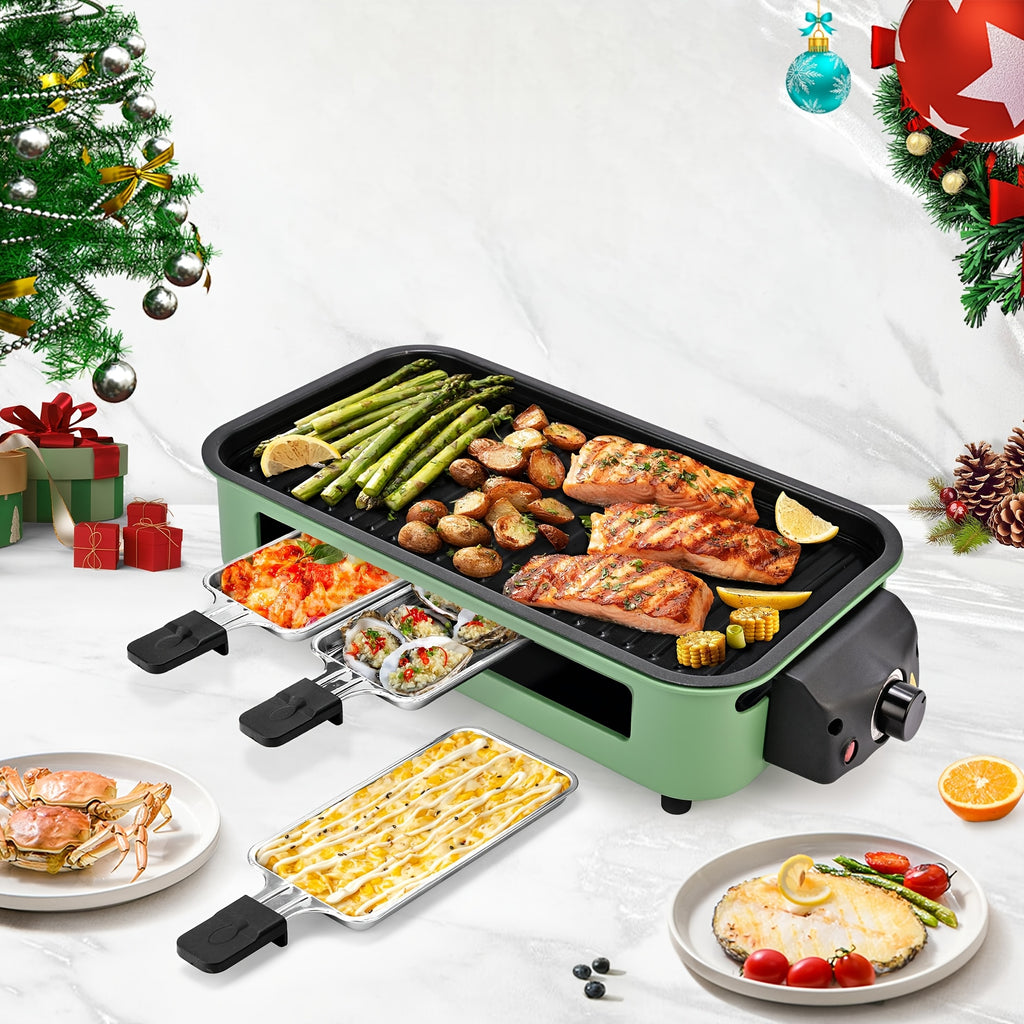 Indoor Raclette Electric Grill, 1500W with 16 x 9 Inch Removable Nonstick Plate and 3 Cheese Pans, Adjustable Temperature for Home Tabletop Cooking