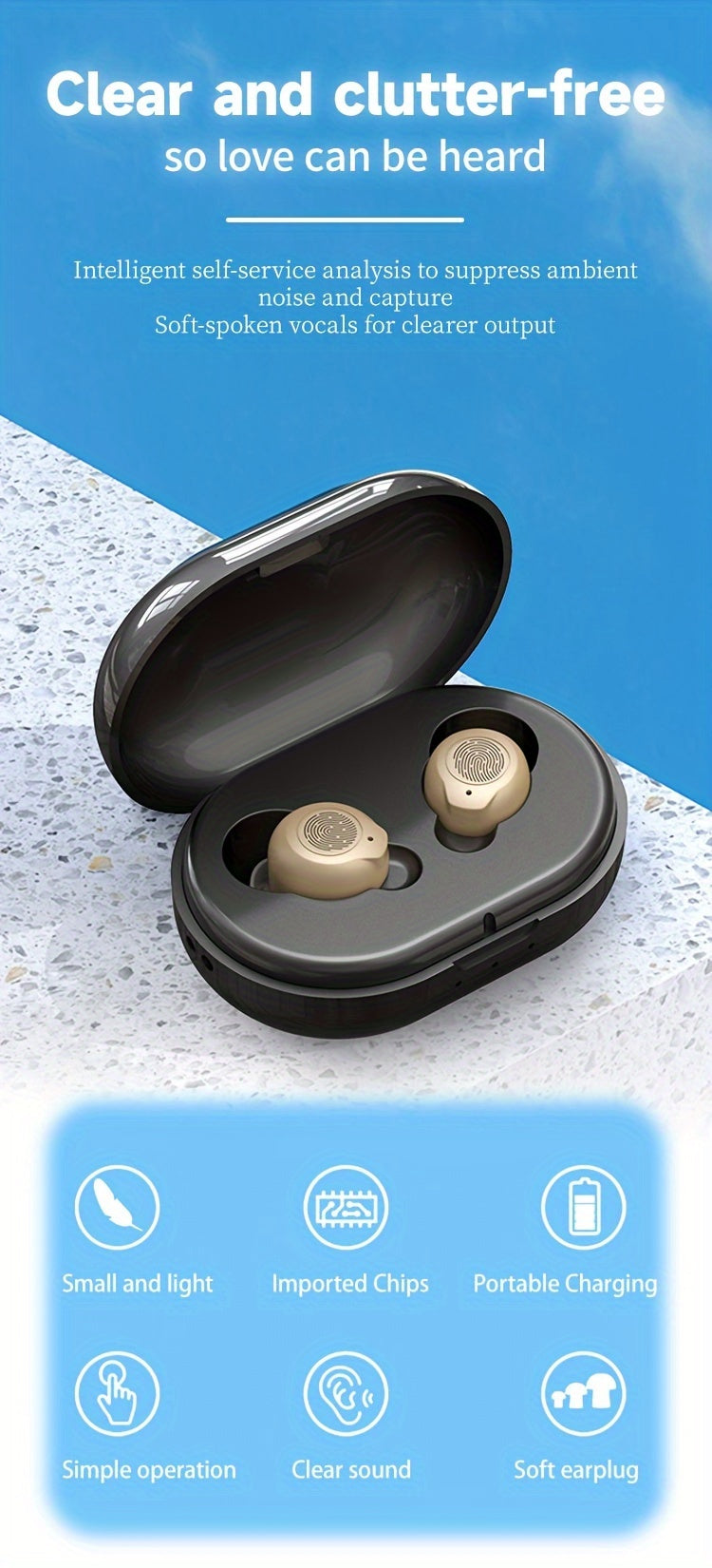 USB Charging Hearing Device with Light Beige Unit and Black Charging Box, Listed 320mAh Case Battery, Noise Reduction and 10-Second Delayed Startup