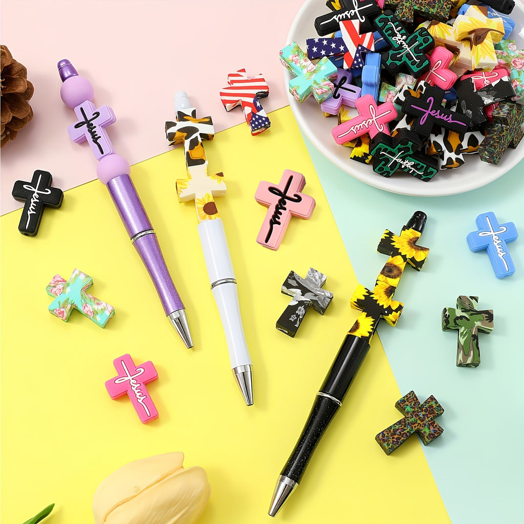 Cross Silicone Focal Beads in Random Multicolors for DIY Jewelry Making, Beadable Pen Decoration, Keychains, Bag Charms, Bracelets and Necklaces