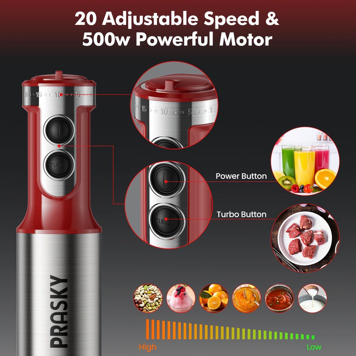 Immersion Blender Set with 5-in-1 Handheld Design, Whisk, Measuring Cups and Meat Chopper Attachments for Everyday Kitchen Prep in Red or Black