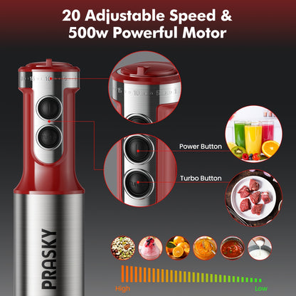 Immersion Blender Set with 5-in-1 Handheld Design, Whisk, Measuring Cups and Meat Chopper Attachments for Everyday Kitchen Prep in Red or Black