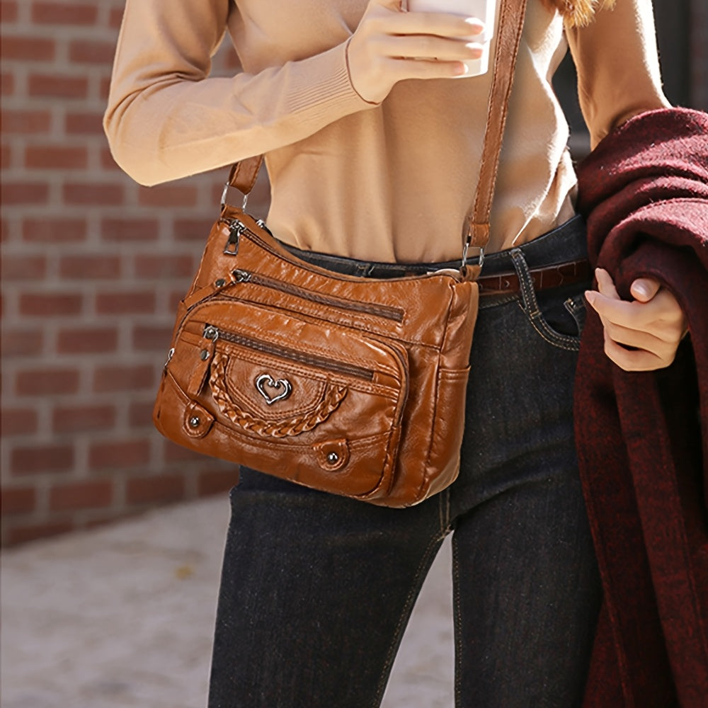 Grey Crossbody Bag with Heart Detail and Adjustable Shoulder Strap, Retro PU Purse with Multiple Zipper Pockets for Errands, Coffee Dates and Casual Daily Carry