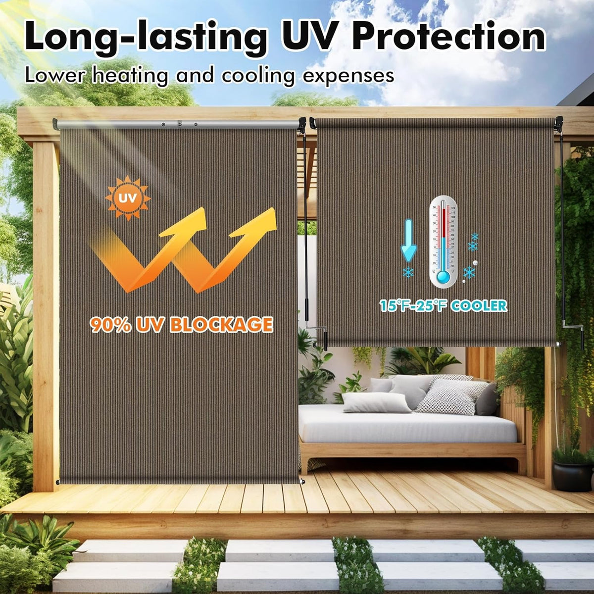 Outdoor Roller Shade in Gray or Mocha, Cordless Roll Up Patio Blind with 220GSM HDPE Fabric, One-Piece Panel and Seven Sizes for Porch, Deck and Balcony