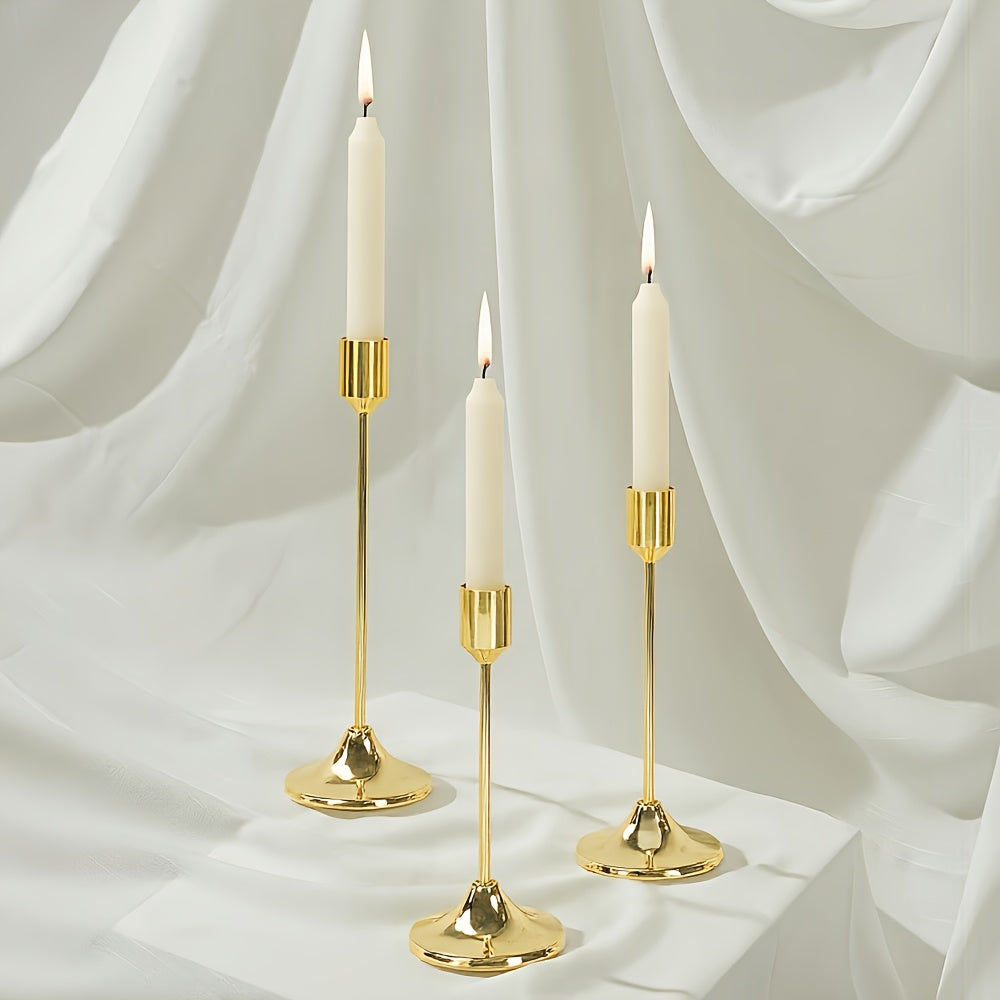 Metal Candle Holders Three-Piece Set for Wedding Centerpieces, Anniversary Dinner Tables and Seasonal Decor with Golden-Tone, French Golden, Silvery or Black Labels