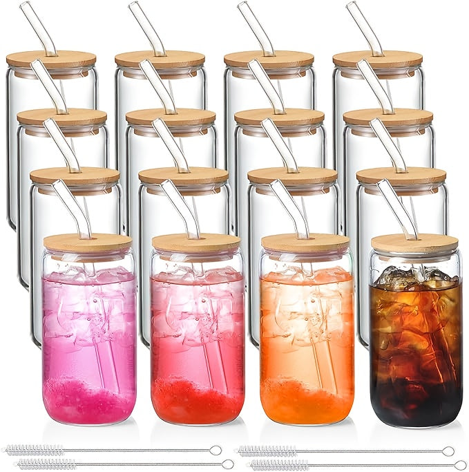 Iced Coffee Glass Set with 16oz Mason Jar Style Mugs, Bamboo Lids and Straws for Reusable Cold Beverage Serving at Home, Brunch Gatherings and Gift Giving