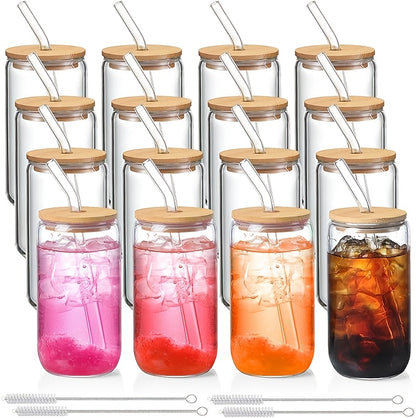 Iced Coffee Glass Set with 16oz Mason Jar Style Mugs, Bamboo Lids and Straws for Reusable Cold Beverage Serving at Home, Brunch Gatherings and Gift Giving
