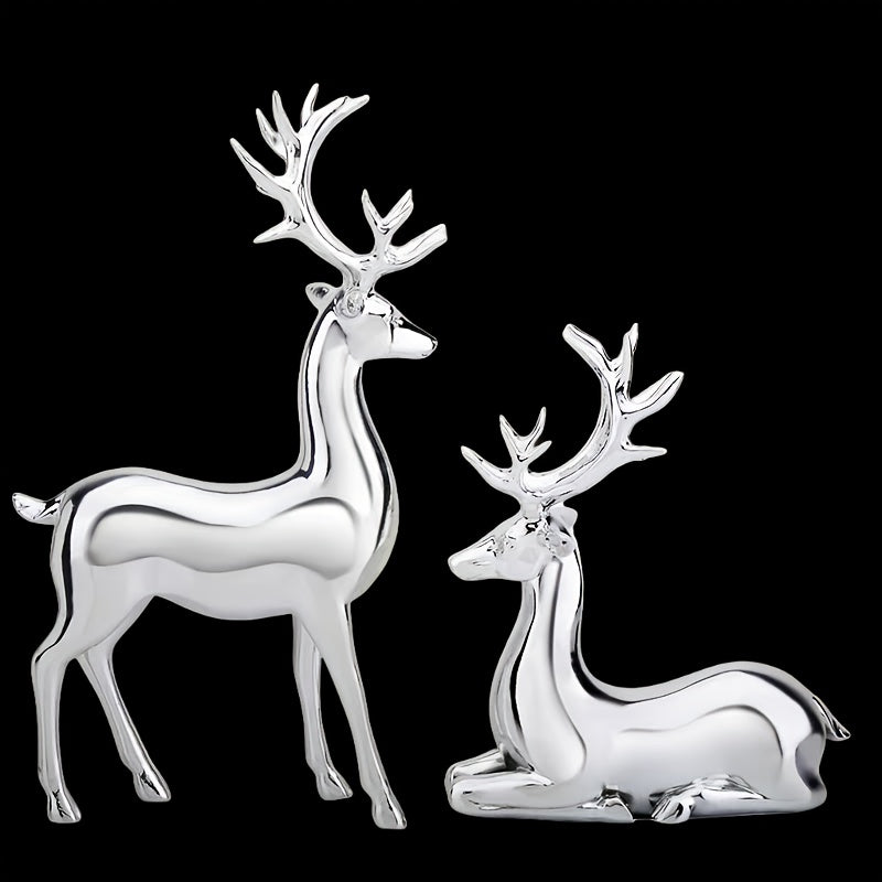 Reindeer Figurines in Champagne Golden or Silvery, Listed Two-Piece Decorative Set for Christmas Home Displays, Living Room Accents and Desk Styling