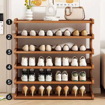 Freestanding Bamboo Shoe Organizer in Brown with Three, Five or Six Layers, Wood-Grain Footwear Storage Rack for Home Entryways, Hallways and Dorm Rooms