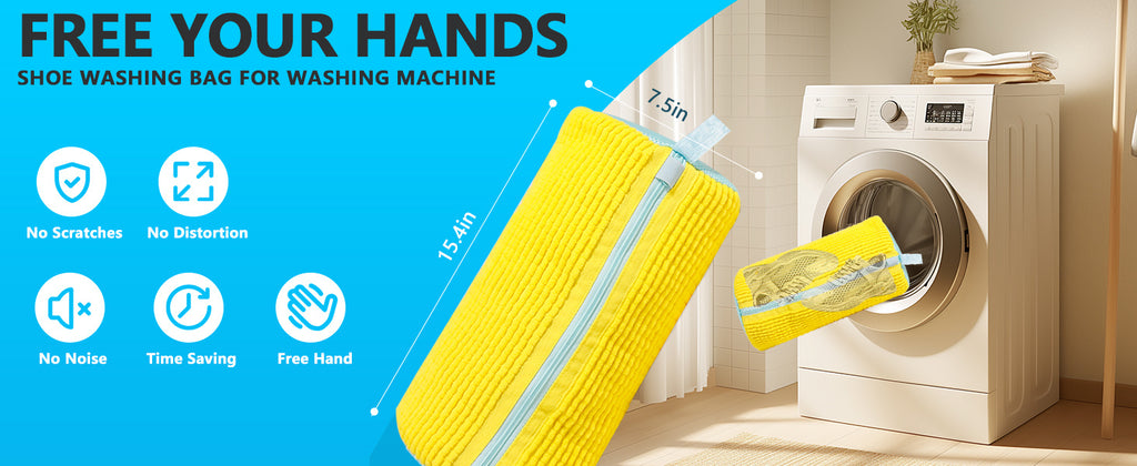 Chenille Shoe Washing Bag in Yellow with Soft Interior, Nylon Zipper and Elastic End Cover for Machine-Washable Sneakers and Household Footwear Laundry