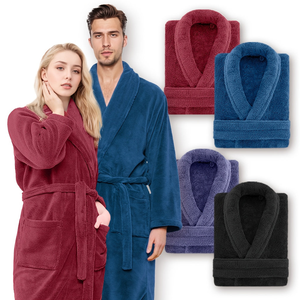 Coral Fleece Bathrobe for Men and Women with Shawl Collar, Adult Home Lounge Robe in S, M, L or XL Size Labels and Four A–D Color Selections