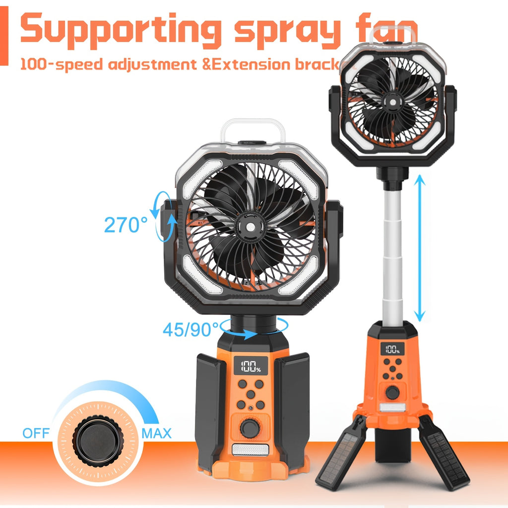 Portable Tent Fan F30P with Listed 20000mAh Rechargeable Battery, LED Light, Hook, 8-Blade Design and 270° Rotation for Camping in Black or Orange