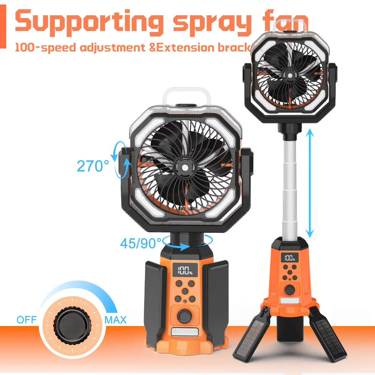 Portable Tent Fan F30P with Listed 20000mAh Rechargeable Battery, LED Light, Hook, 8-Blade Design and 270° Rotation for Camping in Black or Orange
