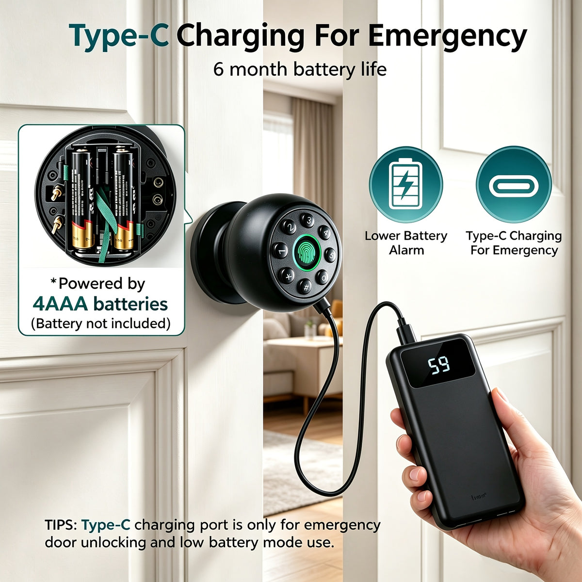Aluminum Alloy Smart Door Lock with Listed App Key Access, Battery-Powered Wireless Design and Polished Finish, Black or Without Fingerprint Model Options