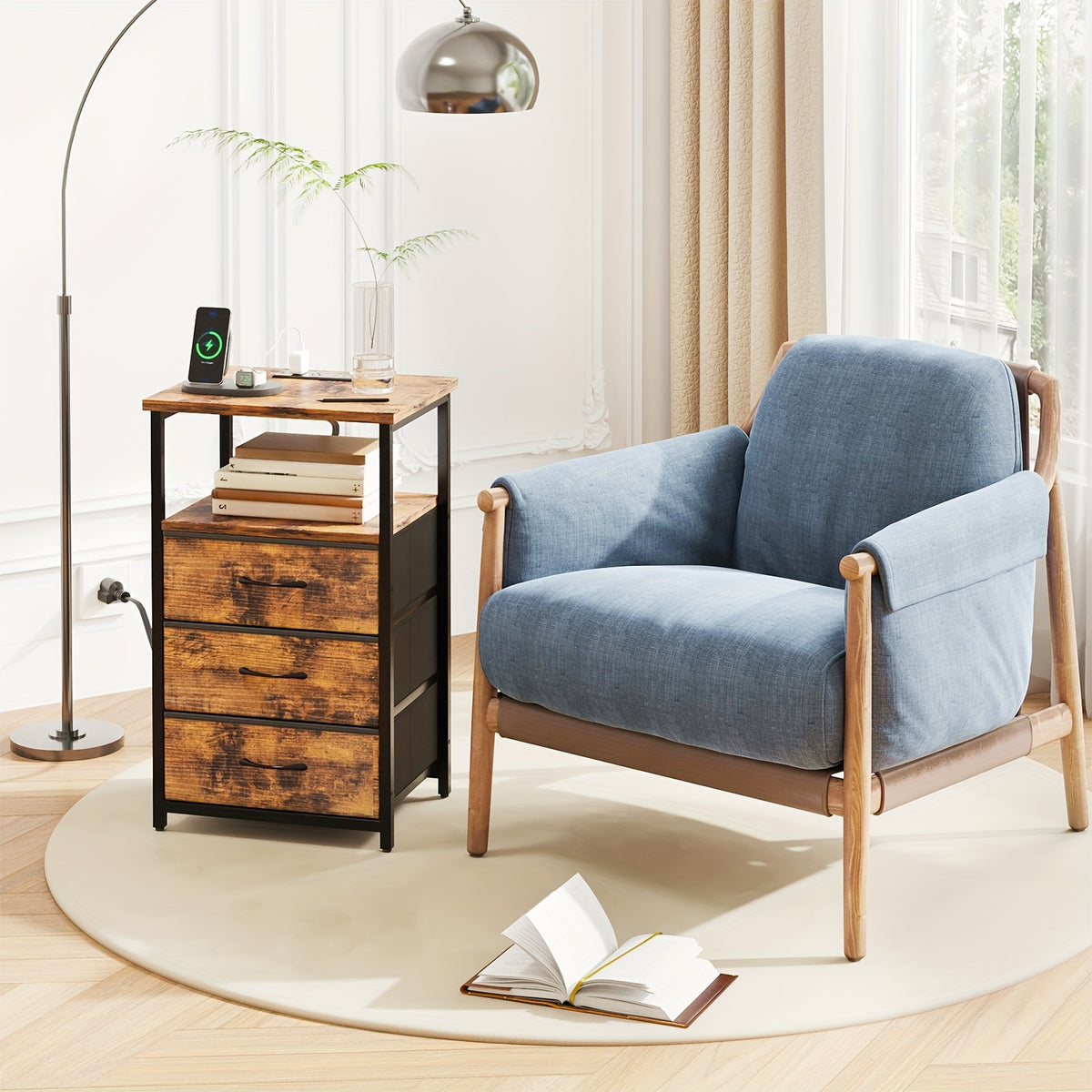 Three-Drawer Fabric Nightstand by WHONLINE with Metal Frame, Open Wood Shelves and Adjustable Feet, Single or Two-Piece Options for Bedroom and Dorm Storage
