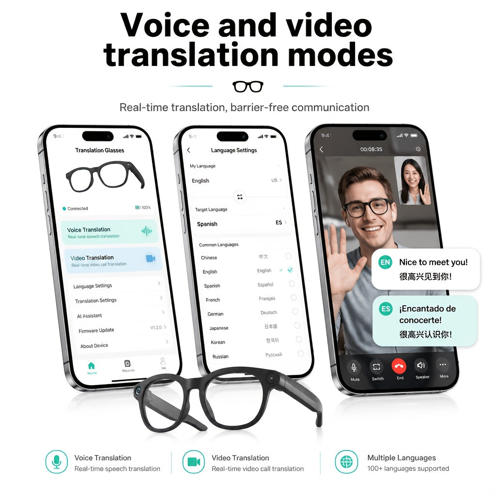 Voice-Wake Smart Camera Glasses with Listed 8MP Imaging, Photo and Video Capture, Real-Time Translation, Voice Assistant, Wireless Music and Call Features