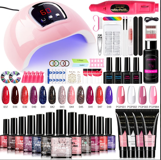 Gel Manicure Kit with 12 Listed Polish Colors and 4 Extension Gel Colors, Nail Lamp and Electric Drill References, Five Set Options for Adult Nail Art