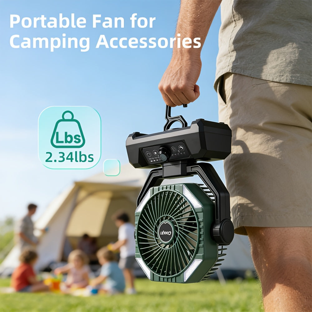 CoolJet Portable Camping Fan with Listed 20000mAh Battery, Variable Speed and 18-LED Light with Three Dimming Levels, Fern Green or Orange Airflow Options