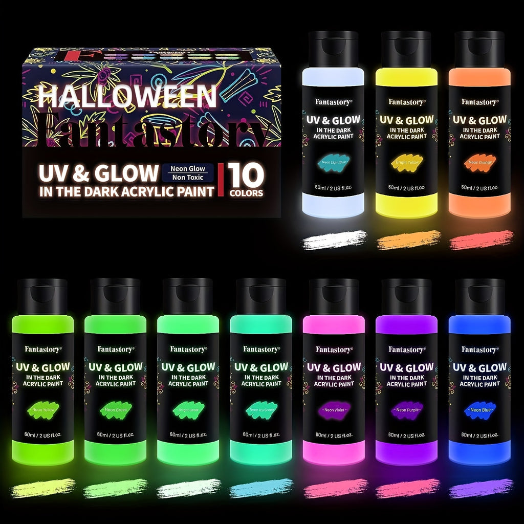 Glow-in-the-Dark Acrylic Paint in 10 Neon Colors with Listed UV-Reactive Effects and 60ml/2oz Wording for Rock Painting, Canvas Art and Seasonal Crafts