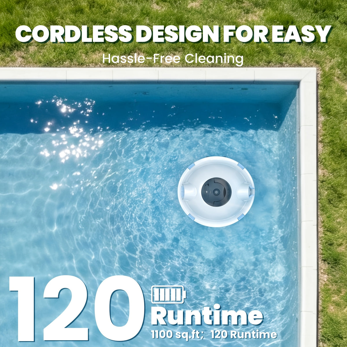 Cordless Robotic Pool Cleaner for Flat Pool Floors with Tracking Rope, Listed 120-Minute Runtime and 1100 Sq Ft Coverage in Four Color Options