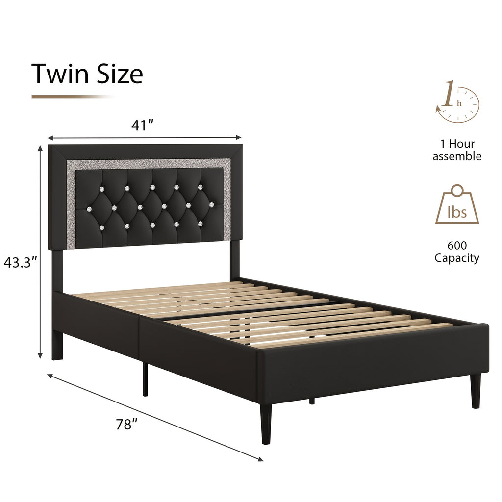 Princess Bed Frame with Diamond Headboard and Wooden Slat Support, Bedroom Furniture in White, Black or Pink with Twin, Full and Queen-1 Size Options