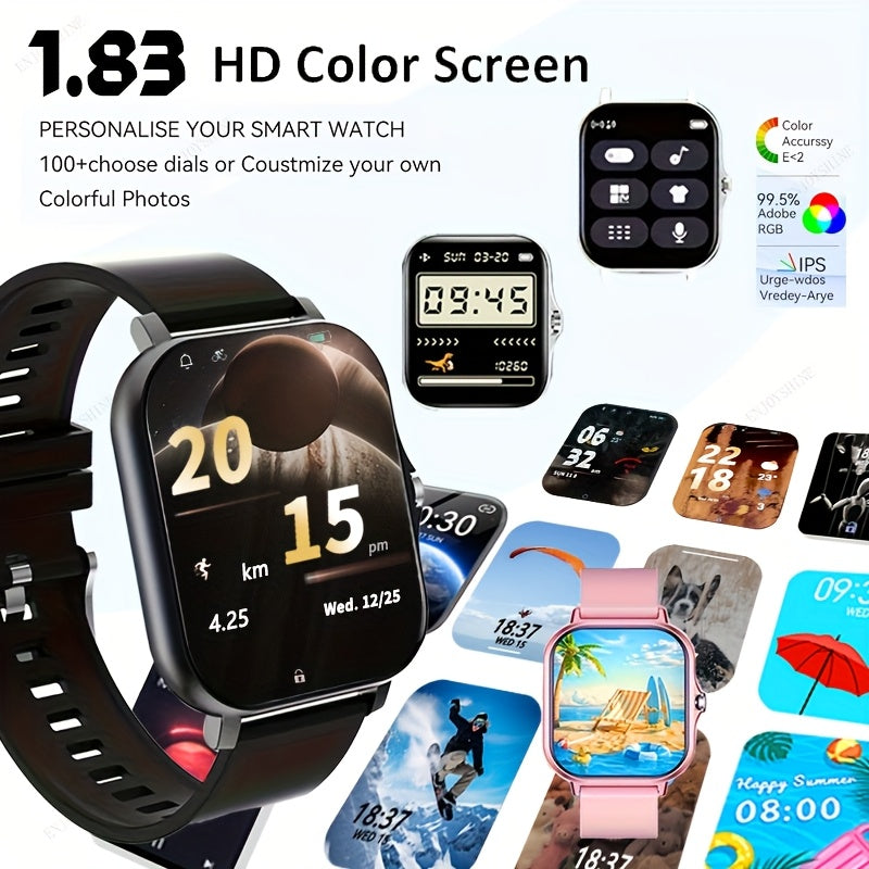 Smart Watch with Dual TPU Straps, 1.83-Inch Full Touchscreen, Wireless Calling and Message Alerts, Pedometer and Sports Modes for Men and Women