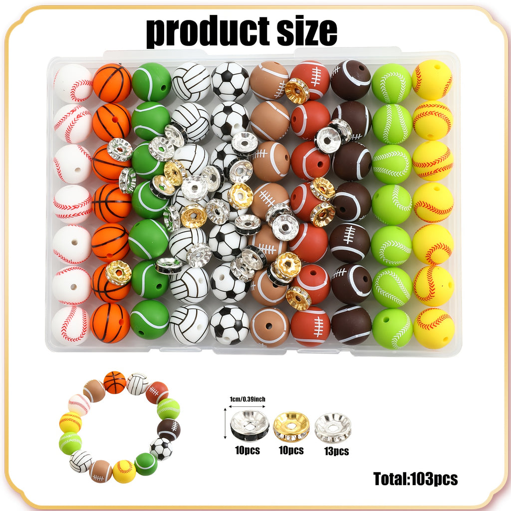 Sports Ball Silicone Bead Set by Foyotri, Listed 103 Pieces with 15mm Round Straight-Hole Beads in Mixed Colors for DIY Bracelets, Jewelry and Decorative Crafts