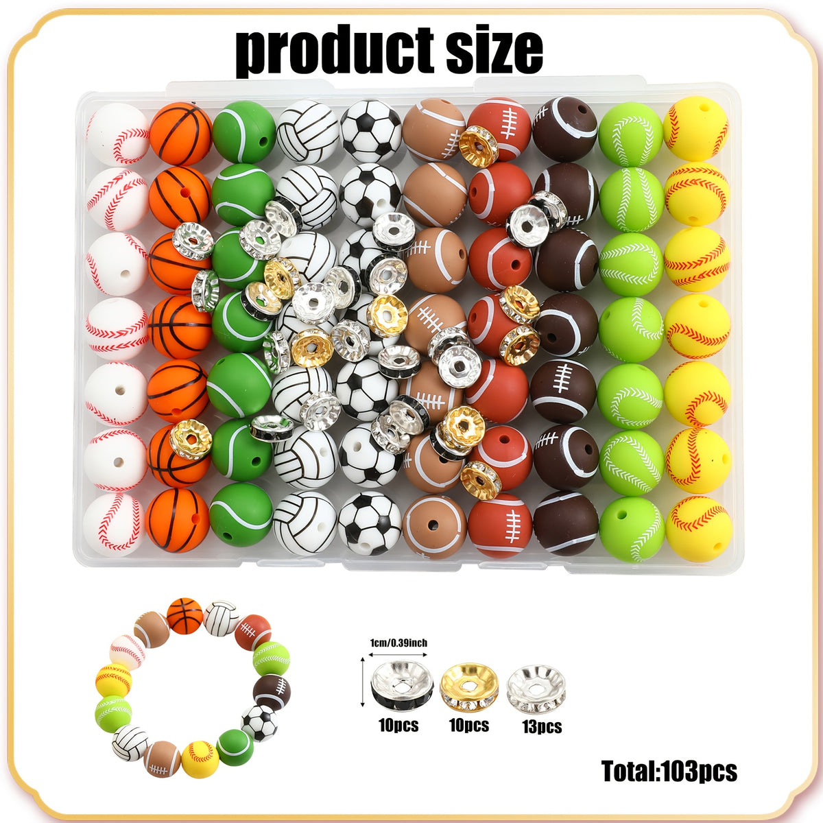 Sports Ball Silicone Bead Set by Foyotri, Listed 103 Pieces with 15mm Round Straight-Hole Beads in Mixed Colors for DIY Bracelets, Jewelry and Decorative Crafts