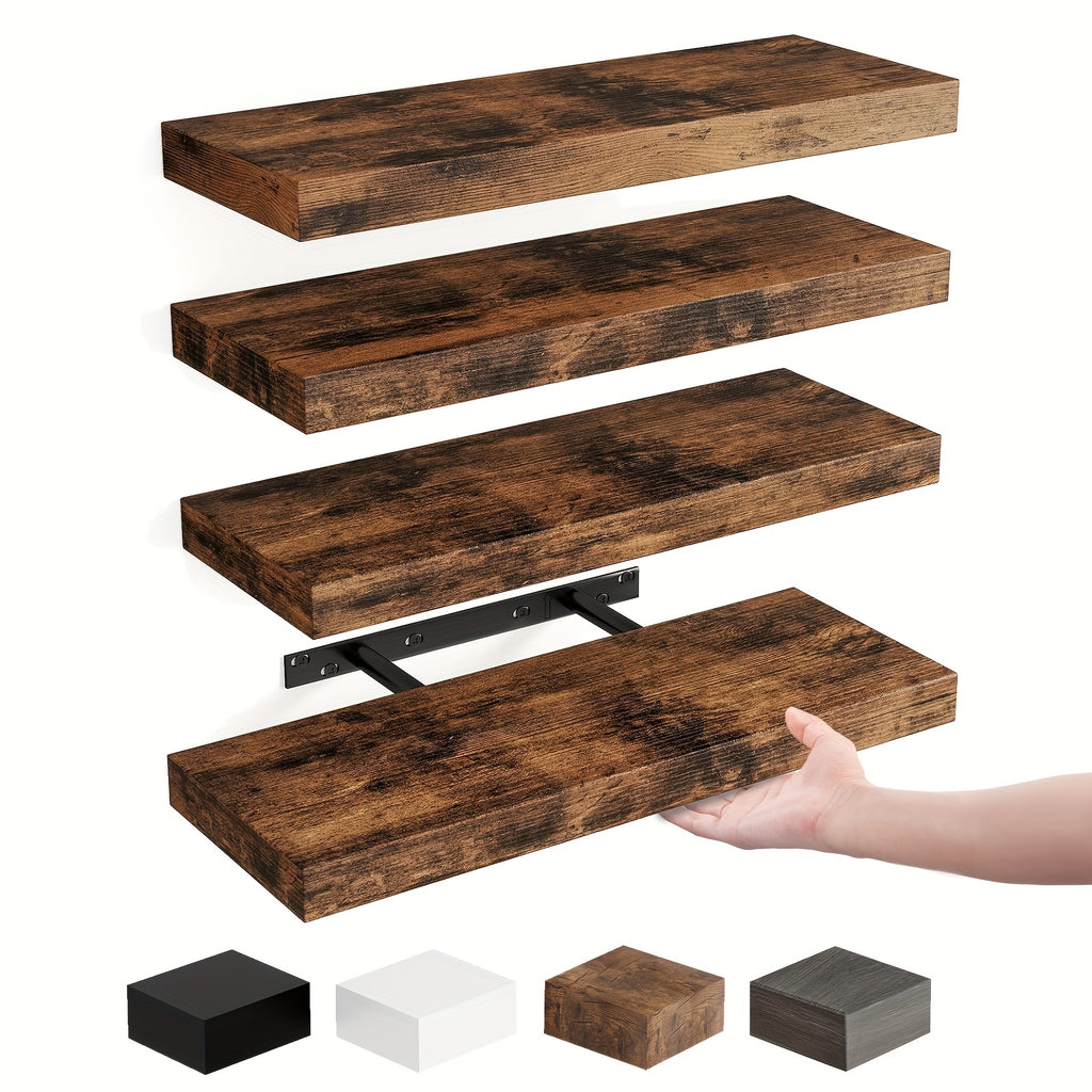 Rustic Wood Floating Shelves by TOMNK with Listed 15.8-Inch Size, Four or Eight-Piece Wall Shelf Sets for Bedroom, Living Room and Kitchen Storage Displays