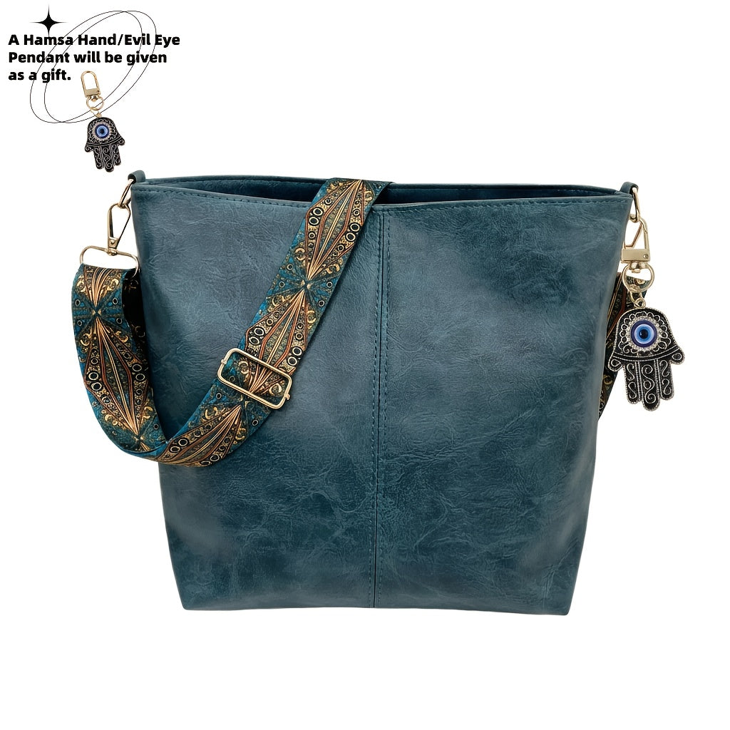 Bohemian Hobo Crossbody Bag for Women with Geometric Strap and Hamsa Hand/Evil Eye Pendant, Large-Capacity Retro Shoulder Handbag in 11 Colors