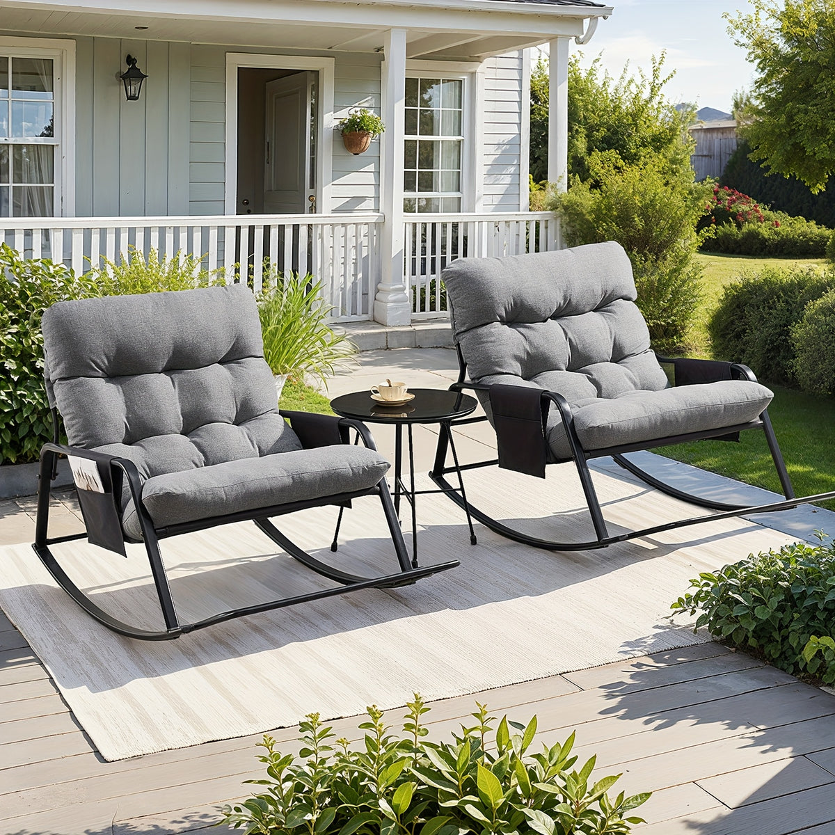 Patio Rocking Chair with Cushion in Papasan Egg Style, Grey, Beige, Khaki or Black with One or Two-Piece Options for Deck Lounging and Garden Reading