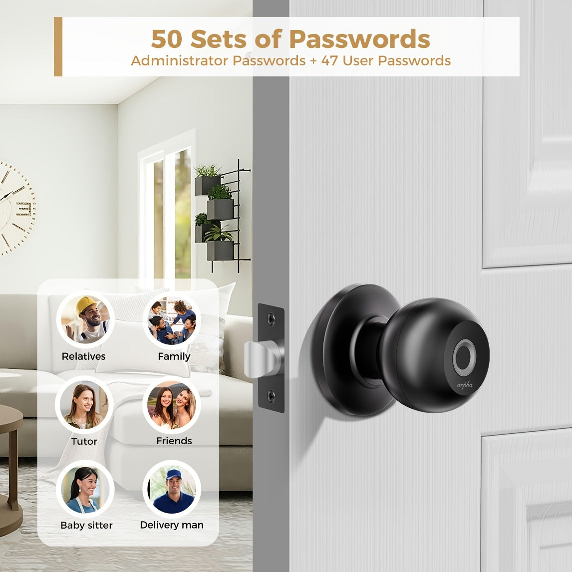 Replaceable-Battery Smart Door Knob by Arpha in Black with Listed Fingerprint, Passcode, Tuya App and Physical Key Access, Passage and Privacy Modes, Battery Excluded