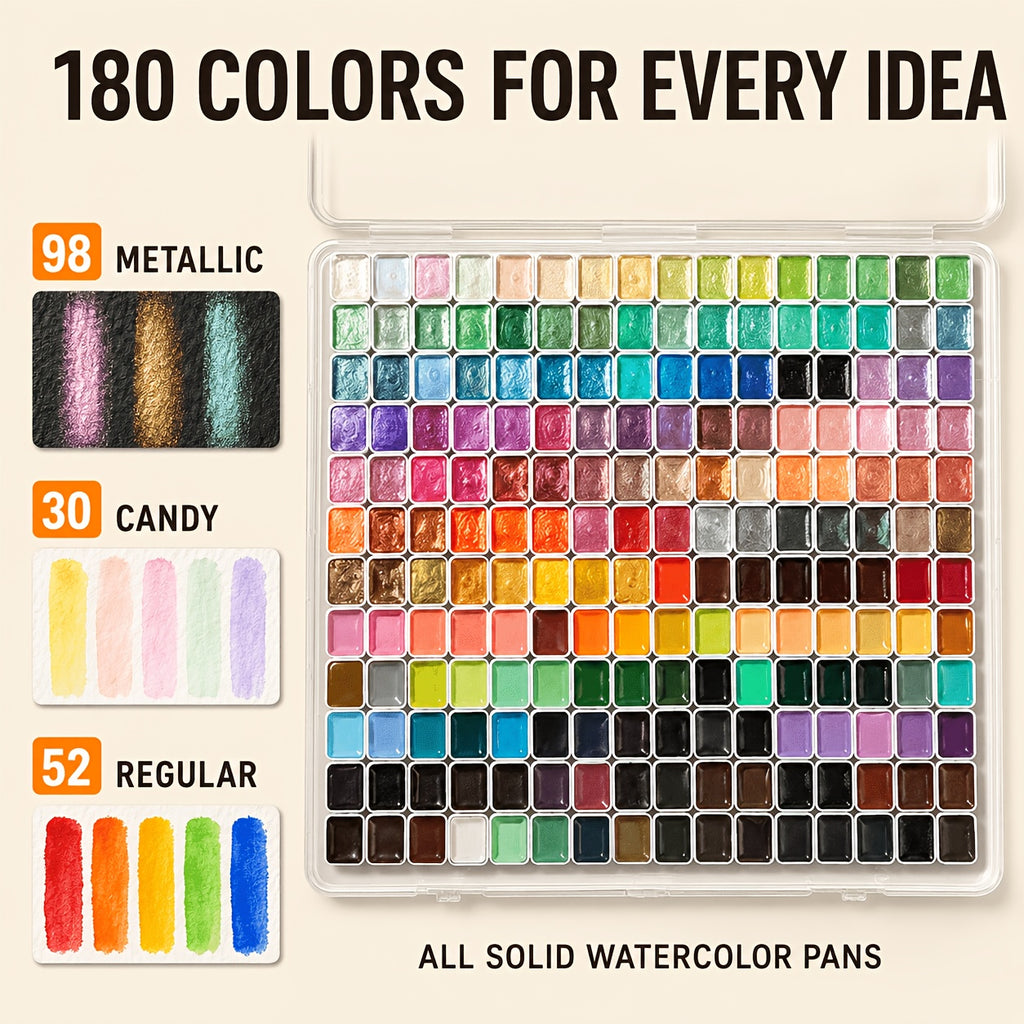 Pearl Shimmer Watercolor Paint Set, 180 Solid Colors with Metallic Color-Shifting Effects for Adult Artists, Sketching, Handmade Cards and Creative Crafts