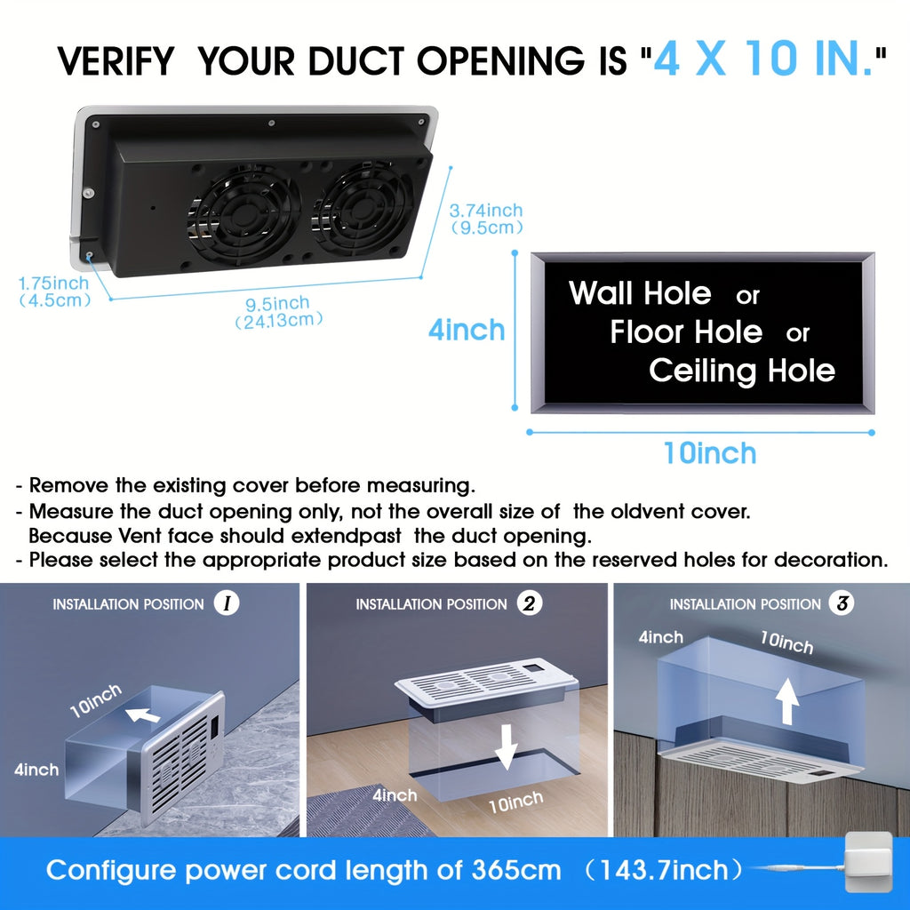 Vent Booster Fan for 4 x 10 Inch Openings, White 10-Speed Airflow Booster with Digital Automatic Temperature Control and Remote for Compatible Home Vents