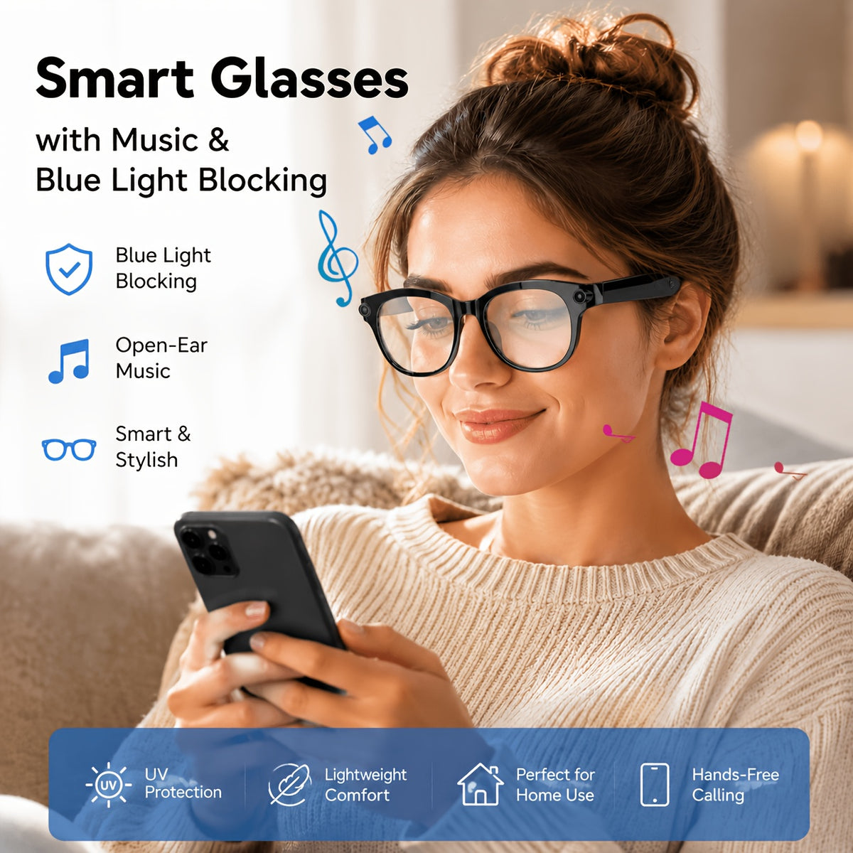 Photochromic AI Smart Glasses with Listed 8MP Camera and EIS, Live Translation, Object Recognition, Voice Control and Open-Ear Music in Unisex Black