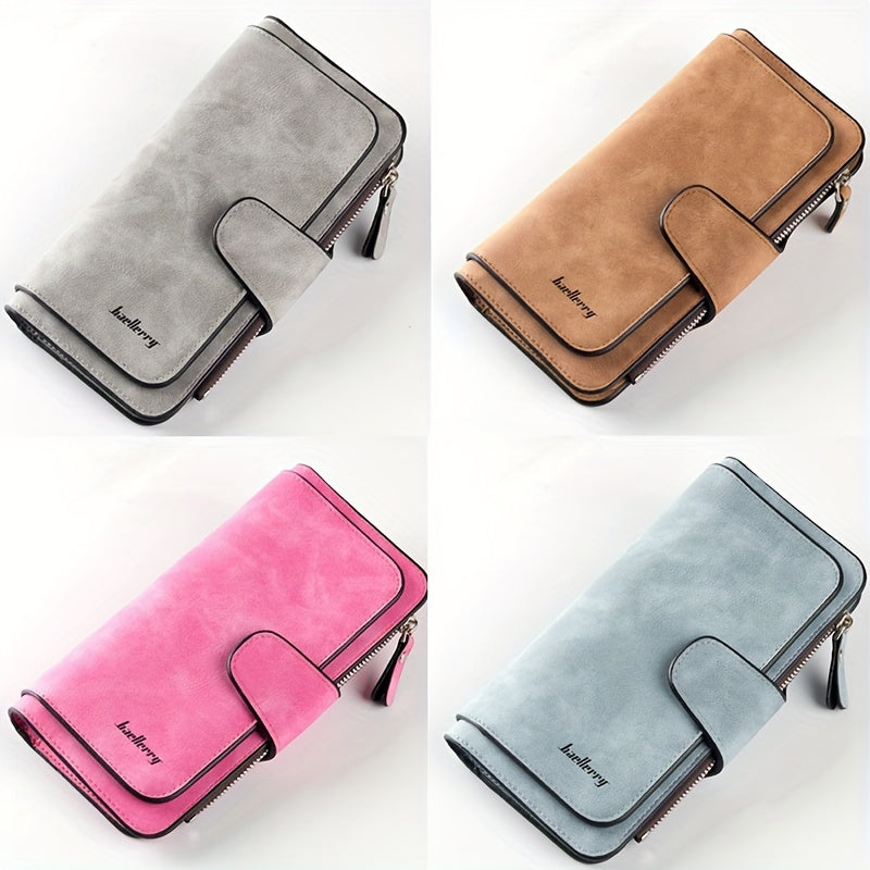 Women's Long Trifold Wallet in Synthetic Leather with 14 Listed Card Slots, Two Photo Slots, Snap Closure and Interior Zipper Pocket in Six Solid Colors